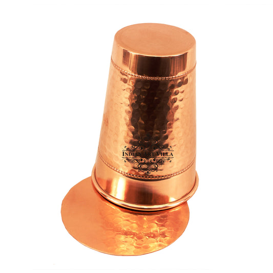 Pure Copper Handmade Big Top Hammered 2 Ring Design Glass Tumbler with Coaster 400 ML