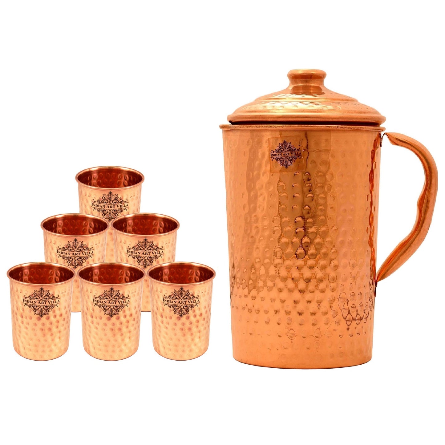 Set of Pure Copper Hammered Jug Pitcher with Glass Tumbler Cup - Storage Water Home Hotel Restaurant Good Health Benefit Yoga