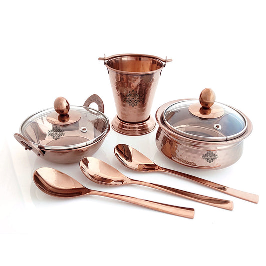 Steel Serving Set with Rose Gold Finish D/W Hammered Handi with Lid, Kadhai with Lid, 1 Bucket, Serving Spoon x3, 8 Pieces