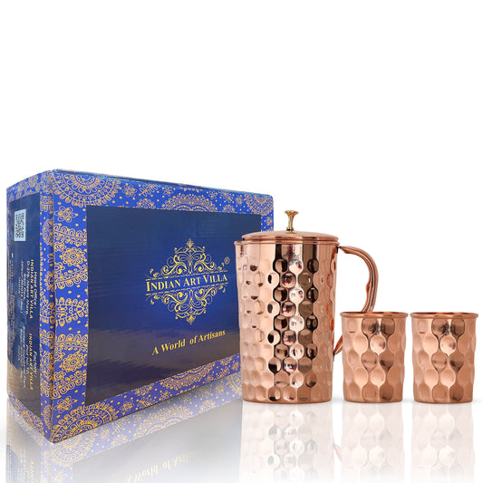 Handcrafted Pure Copper Jug with Glass Sets | Box, Diamond Design, Drinkware Gift Set