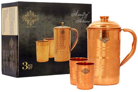 Handmade Pure Copper Luxury Design Jug with 2 Glass Drinkware Gift Set