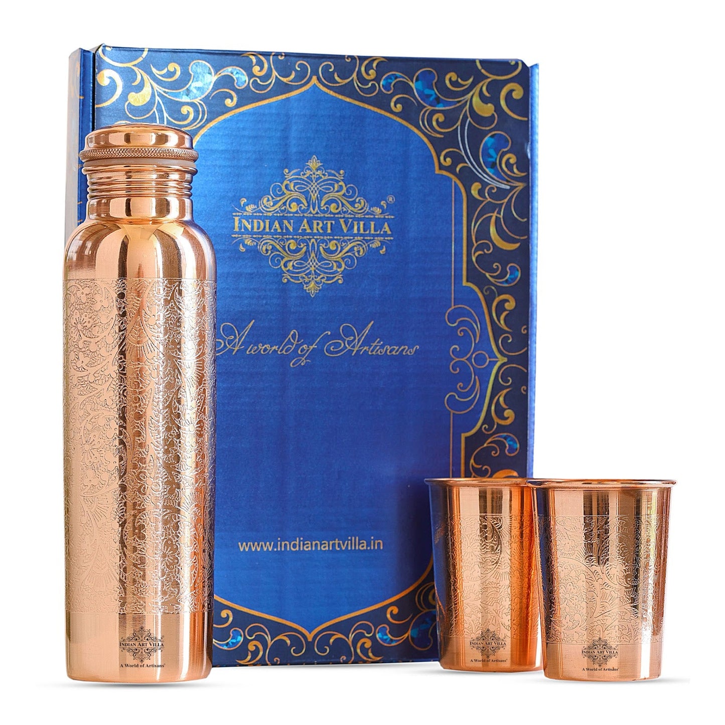 Pure Copper Embossed Leak Proof Water Bottle & Two Glasses with a Gift Box