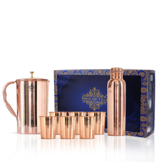 Handcrafted Pure Copper Drinkware Gift Set with Shine Finish Design, Good For Health, Drinkware, Serveware Set