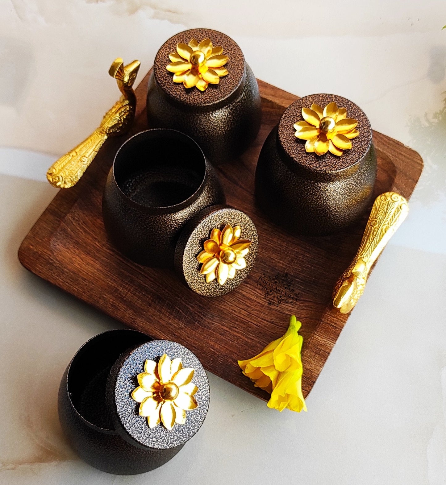 Set of 4 brown box & 1 Wooden Tray with Peacock Design Handle | Multipurpose Storage Boz | Brown