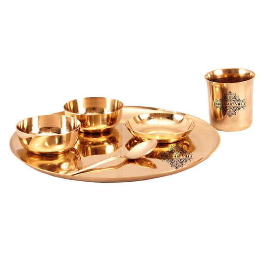 Bronze 6 Piece Dinner Set, Plain Design, 1 Plate, 1 Glass, 1 Spoon, 1 Halwa Plate, 2 Bowl