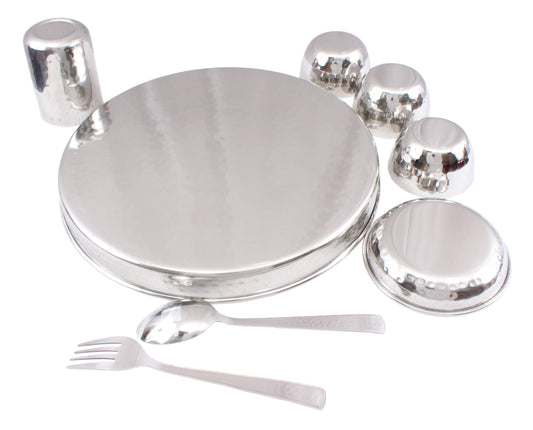Steel Hammered 8 Piece Thali Set (1 thali 30.48 cm, 3 Bowl, 1 Halwa Plate, 1 Dessert Spoon, 1 Flat Hammered Glass, 1 Dessert Fork)