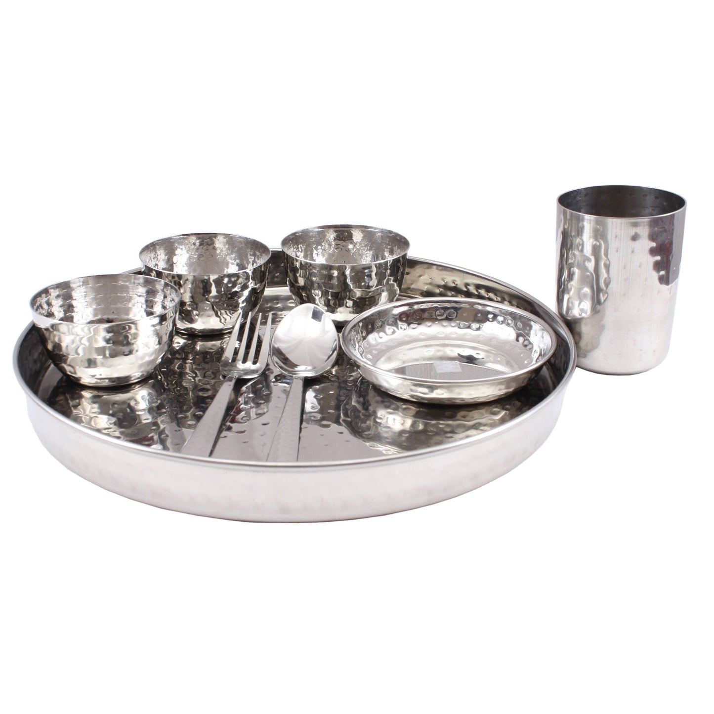 Steel Hammered 8 Piece Thali Set (1 thali 30.48 cm, 3 Bowl, 1 Halwa Plate, 1 Dessert Spoon, 1 Flat Hammered Glass, 1 Dessert Fork)