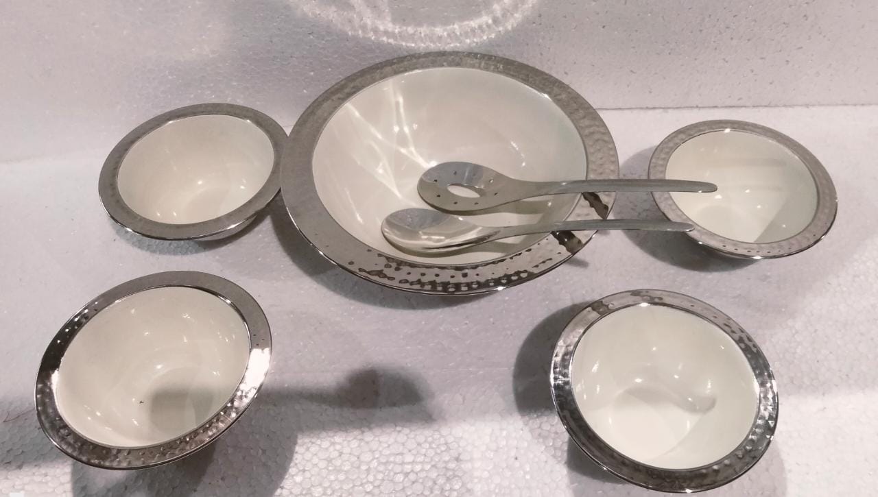 Steel Serveware Set, Hammered Design, 5 Bowl With 2 Serving Spoon Salad Set