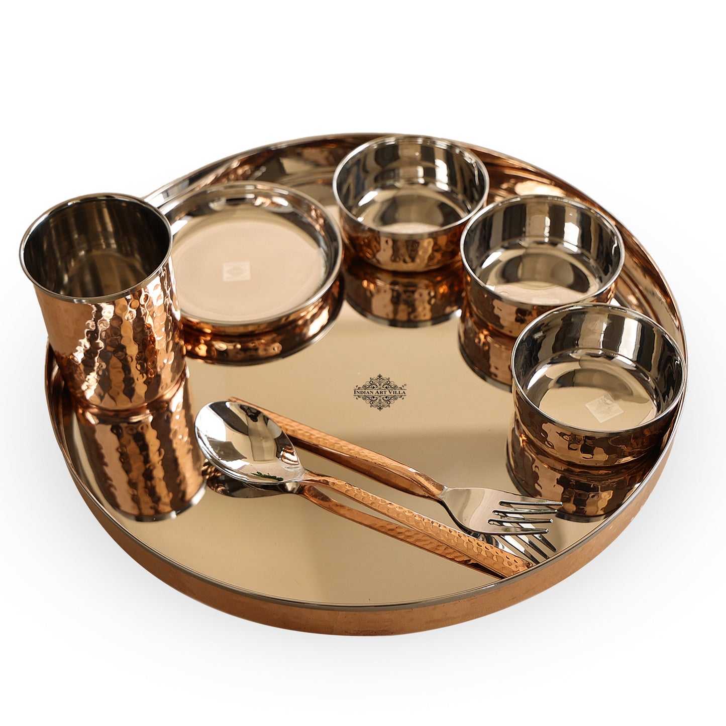 Handcrafted Pure Steel Copper 8 Pieces Dinner Set with Hammered Design