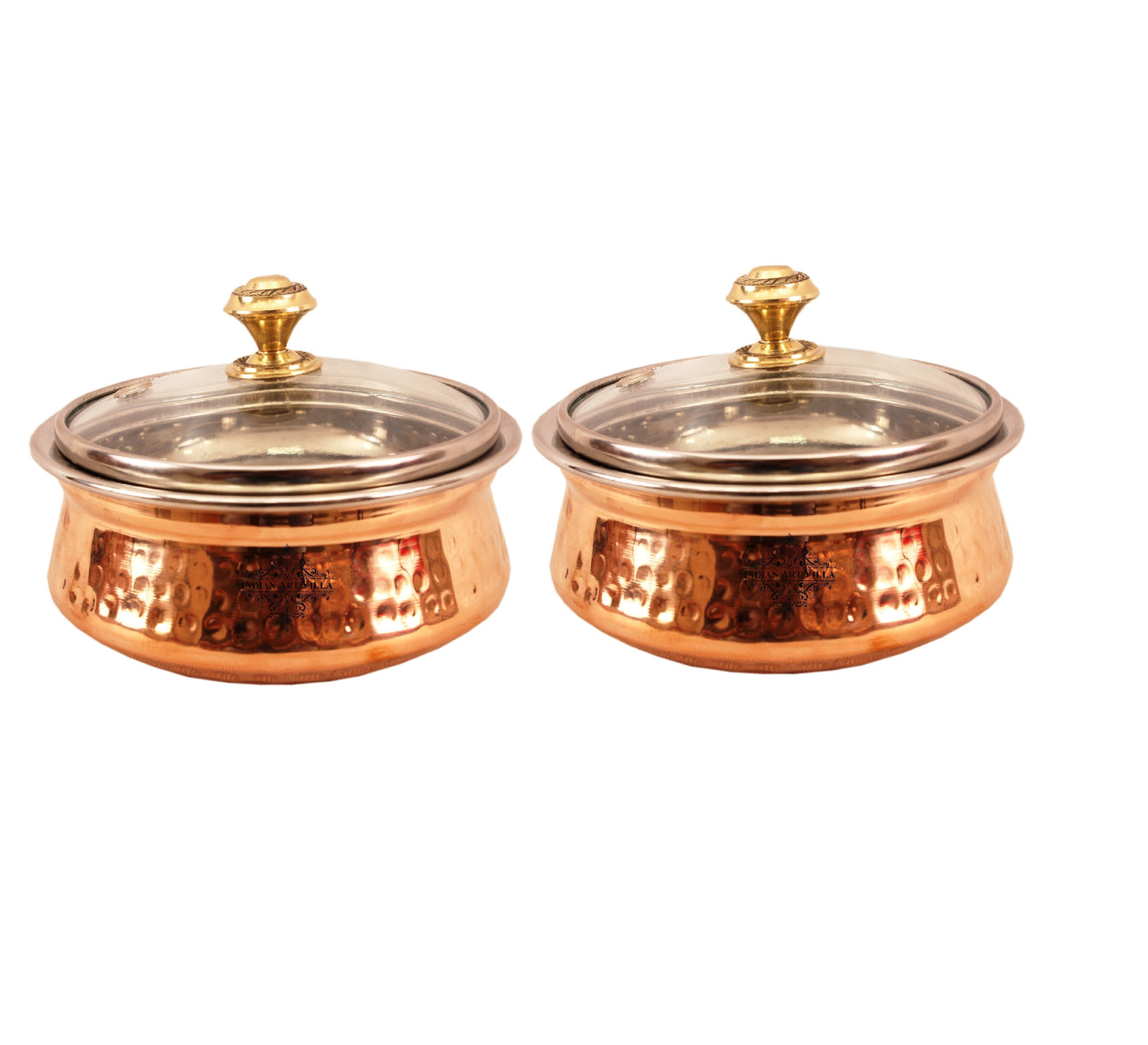 Steel Copper Hammered Serving Handi with Glass Lid and brass handle of lid | Tablewrae | Serveware