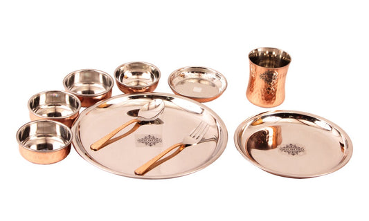 Steel Copper Hammered Design 10 Pieces Dinner Set/Thali Set of 1 Thali, 1 Small Thali, 1 Glass, 1 Spoon, 1 Fork, 1 Small Plate & 4 Bowls, Dinnerware, Tableware Or Crockery