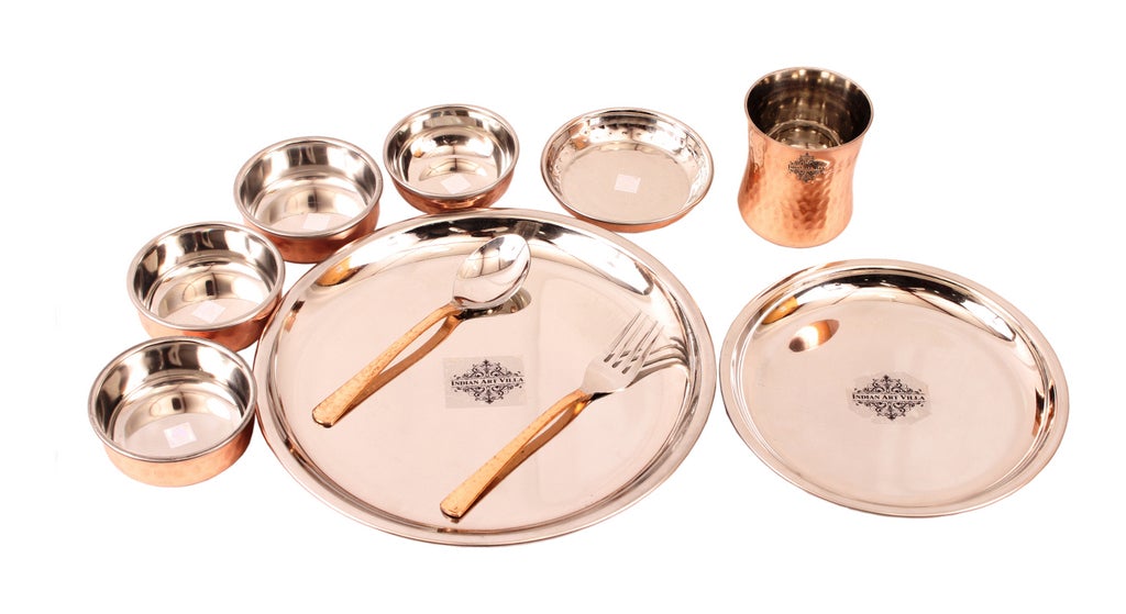 Steel Copper Hammered Design 10 Pieces Dinner Set/Thali Set of 1 Thali, 1 Small Thali, 1 Glass, 1 Spoon, 1 Fork, 1 Small Plate & 4 Bowls, Dinnerware, Tableware Or Crockery