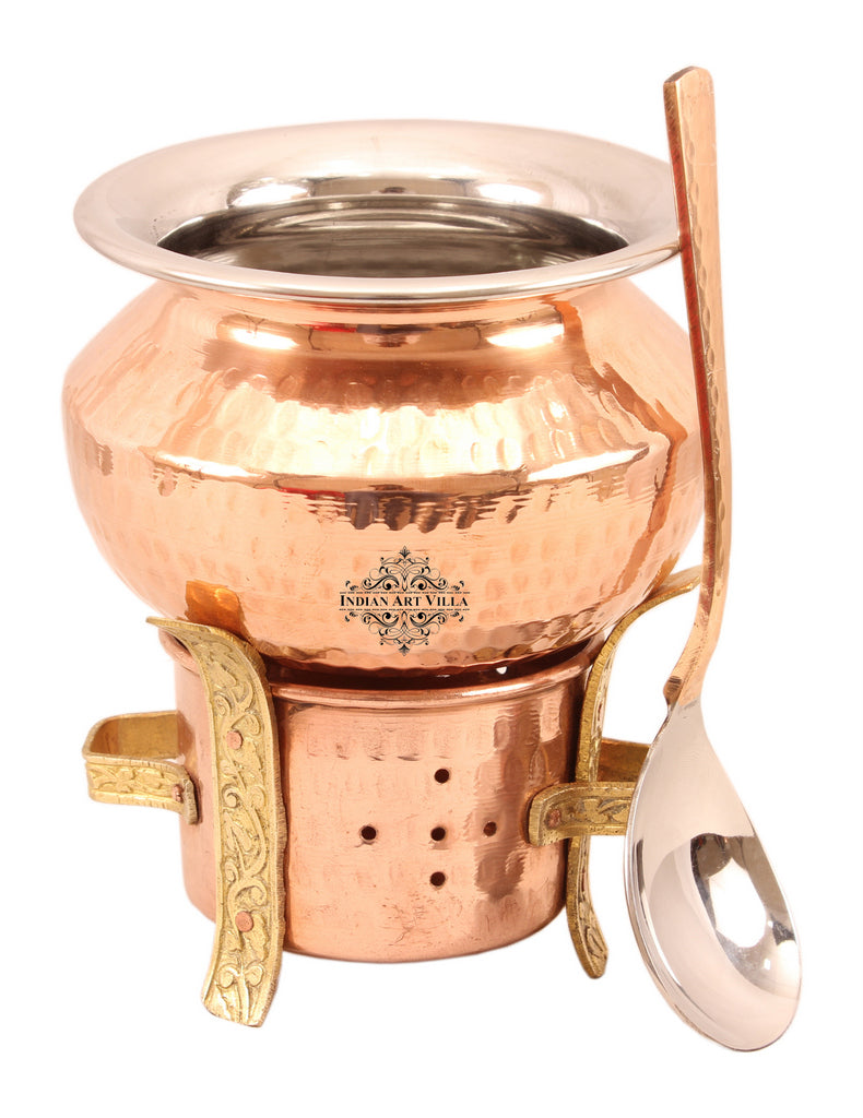 Kitchen Set of 1 Copper Sigri with Brass Stand & 1 Steel Copper Handi-450 ML with 1 Serving Spoon - Food Warmer, Serving Vegetables, Dishes, Curry - Home, Hotel, Restaurants