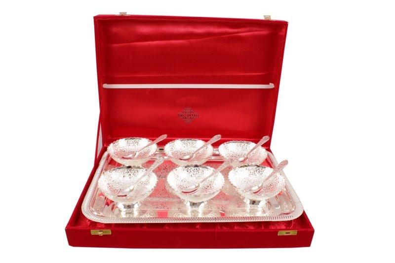 Silver Plated Designer Set of 6 Bowl 6 Spoon 1 Tray