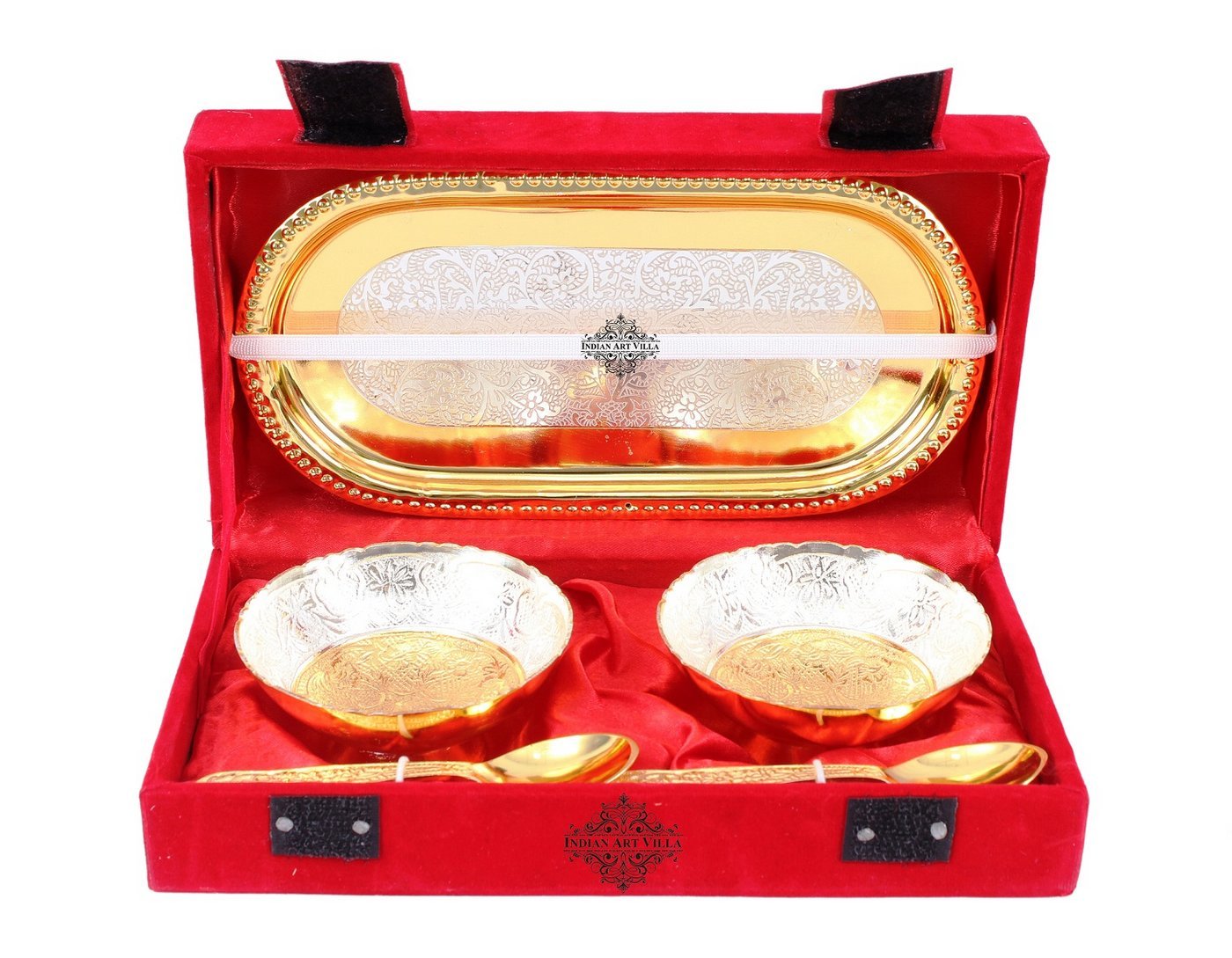 Silver Plated Gold Polished Embossed Design 2 Bowl & 2 Spoon & 1 Tray