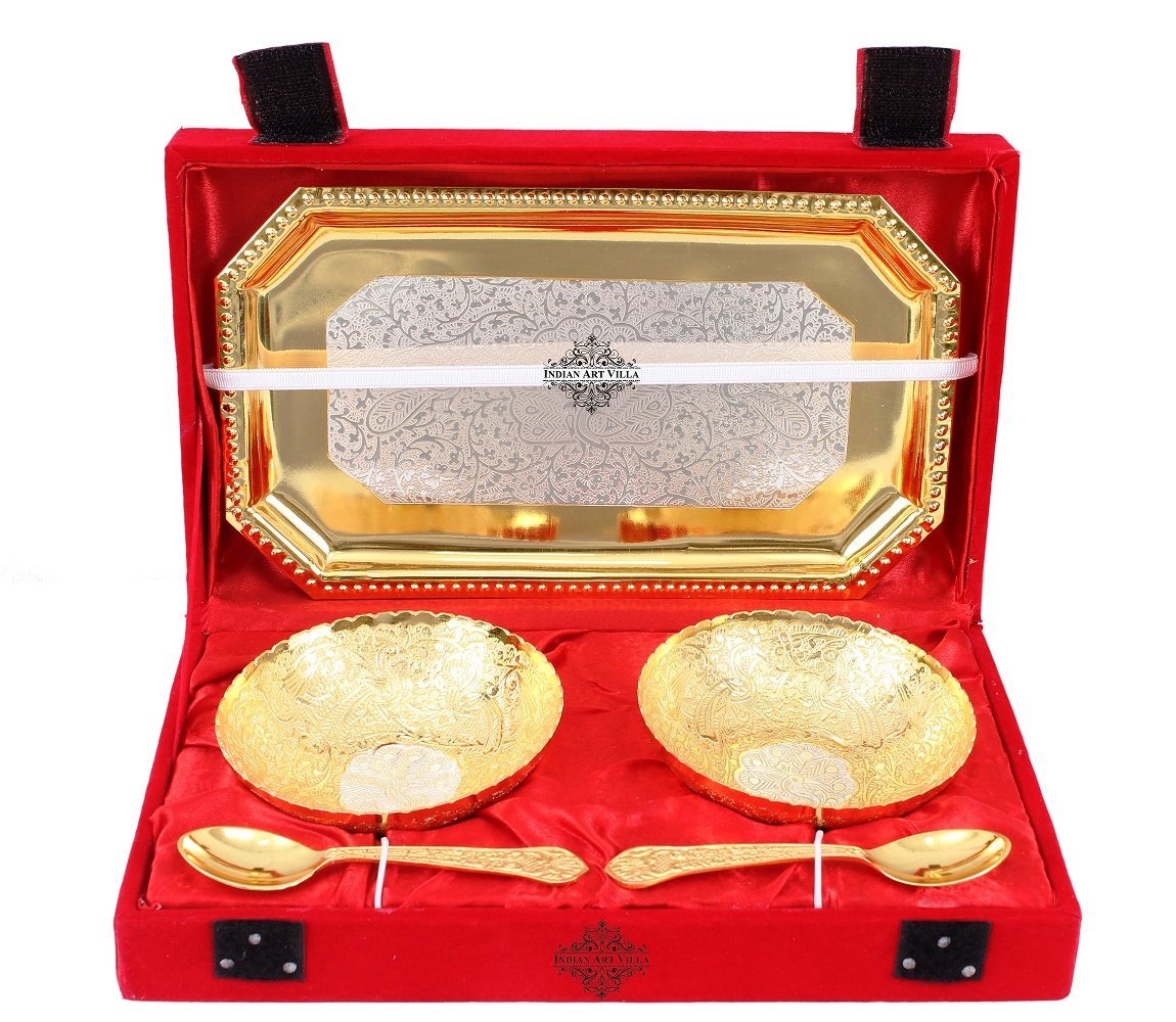 Pure Silver Plated Gold Polished Designer 2 Bowl with 2 Spoon & 1 Tray