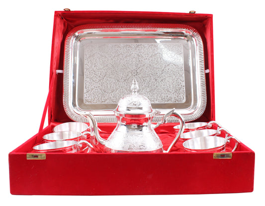 Handmade Pure Silver Plated Floral Design 1 Tea Pot with 6 Cups & 1 Tray