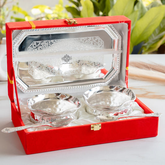 Handcrafted Pure Silver Plated Set of 2 Designer Bowl with 2 Spoon 1 Tray