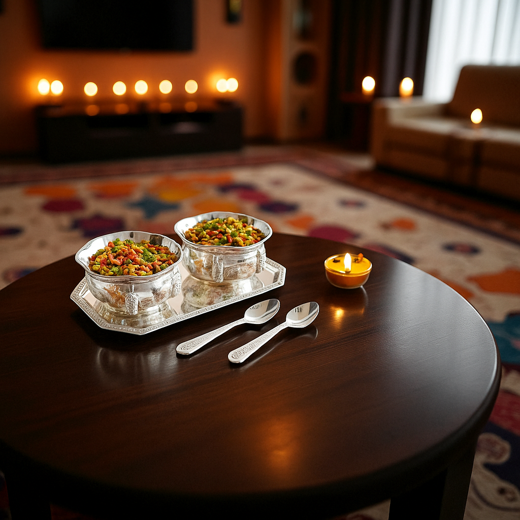 Handcrafted Pure Silver Plated Set of 2 Designer Bowl with 2 Spoon 1 Tray