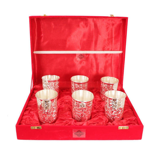 Silver Plated Embossed Design Glass Tumbler set of 6