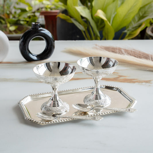 Pure Silver Plated Designer 2 Ice Cream Bowl 2 Spoon 1 Tray
