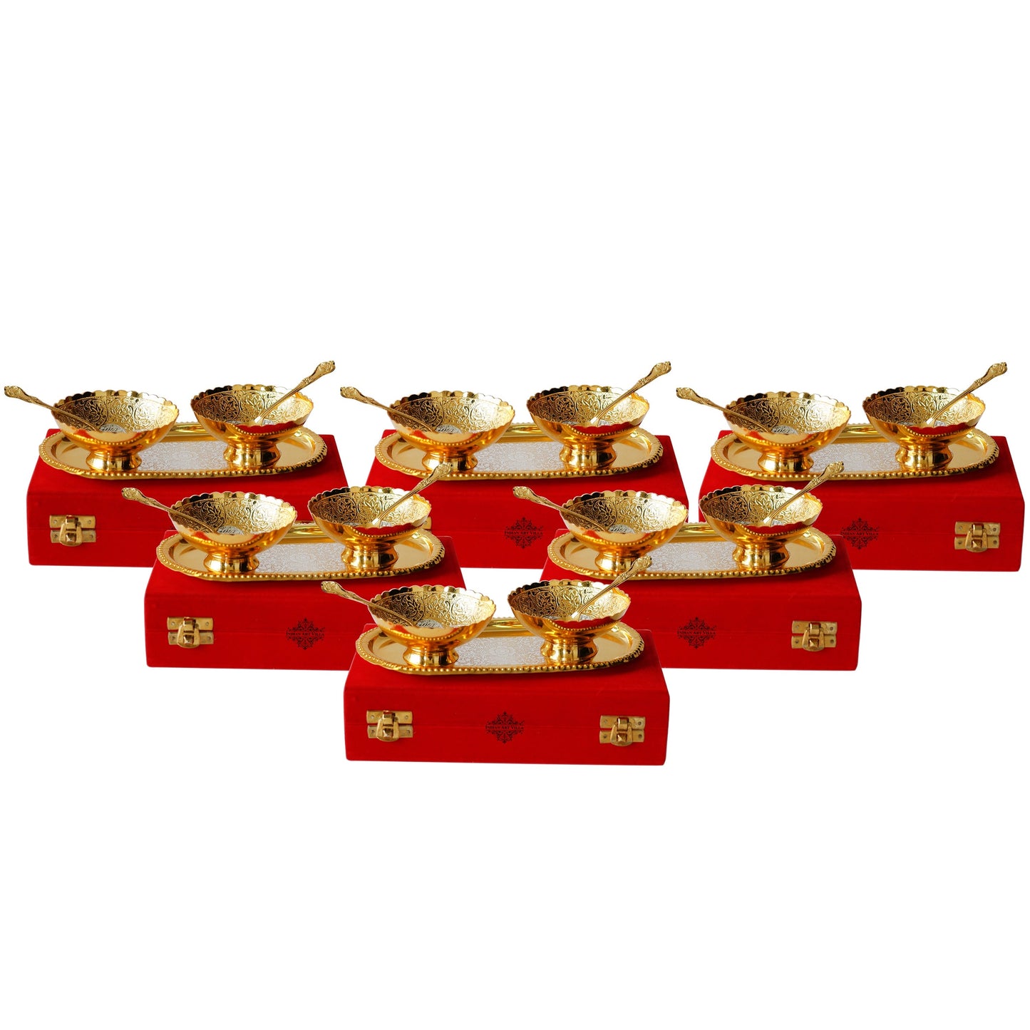 Pure Brass With Silver Plating & Gold Polished 2 Bowl, 2 Spoon & 1 Tray Set With Red Velvet Gift Box