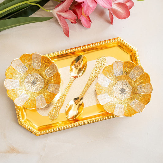 Pure Silver Plated Gold Polished Lotus Design 2 Bowl 2 Spoon 1 Tray Set