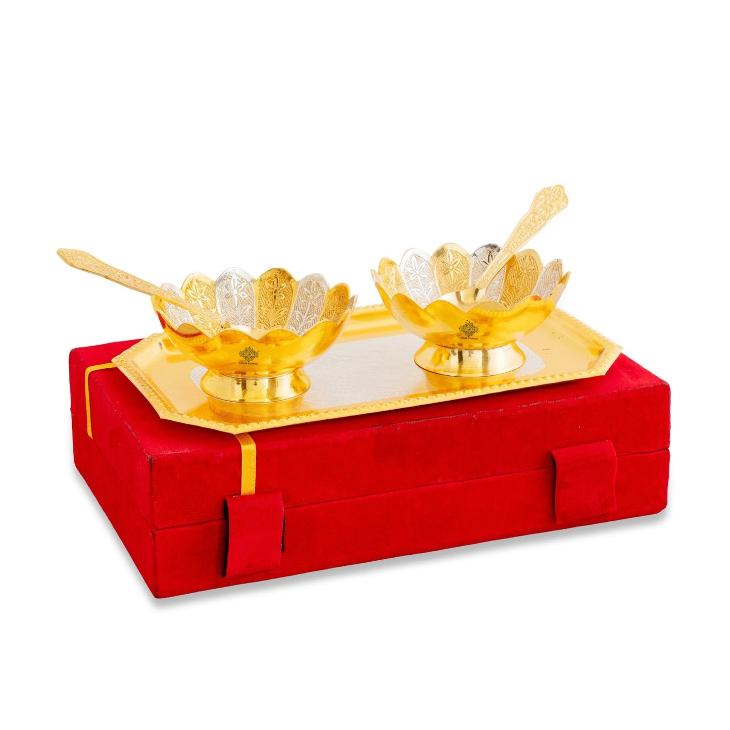Pure Silver Plated Gold Polished Lotus Design 2 Bowl 2 Spoon 1 Tray Set