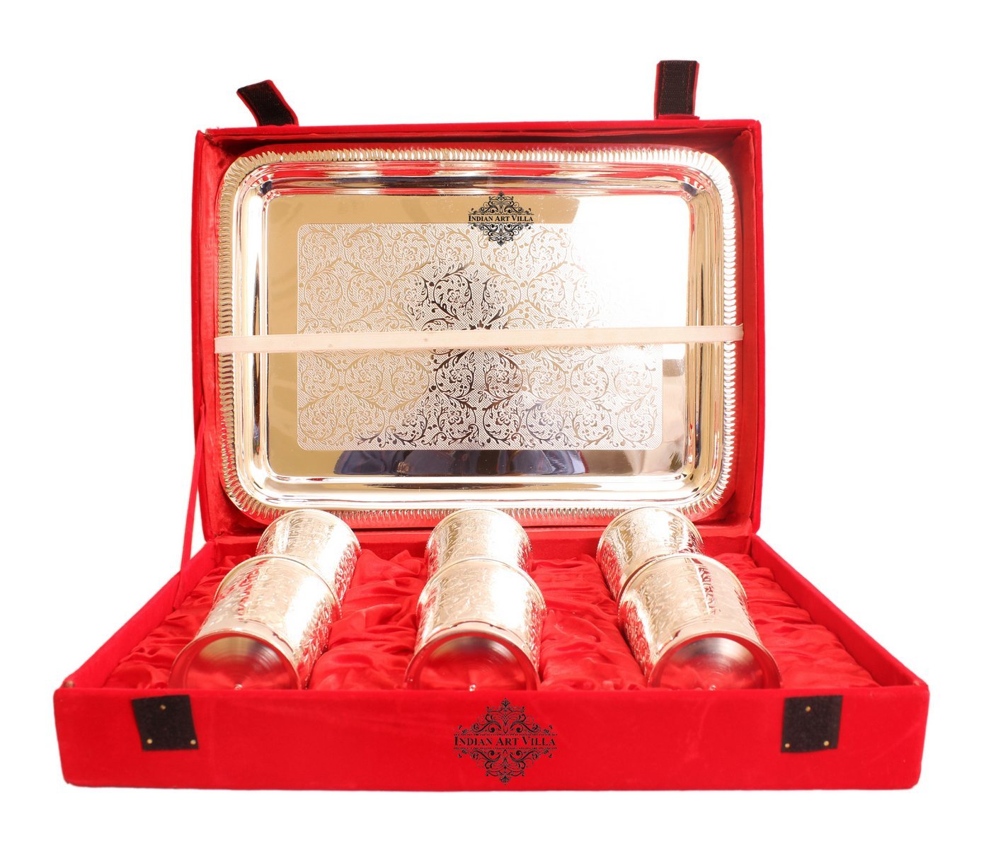 Silver Plated Designer 6 Glass with 1 Tray with Box