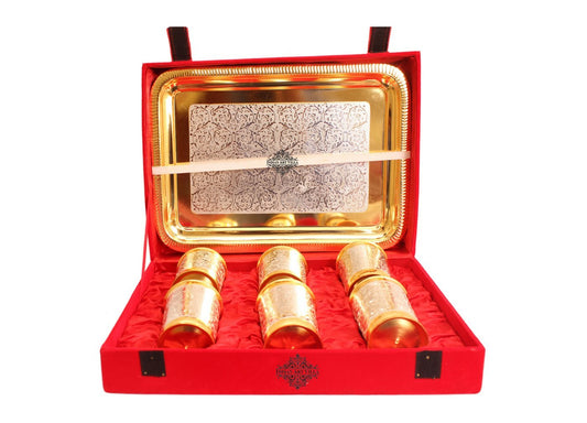 Handcrafted Pure Silver Plated Gold Polished 6 Glass with 1 Tray