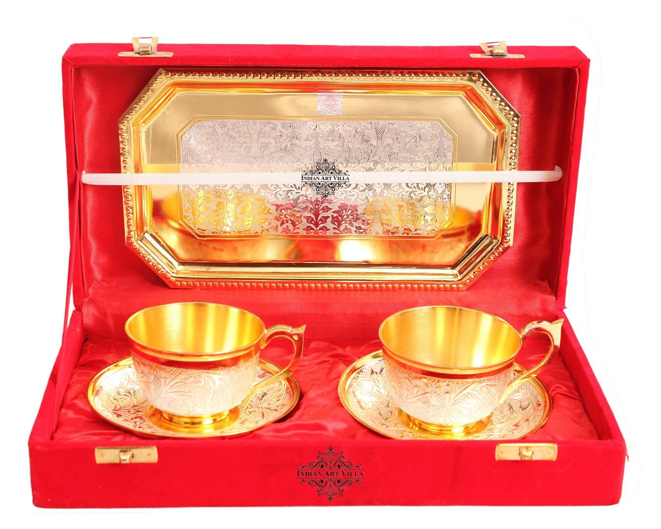 Set of 2 Silver Pleated Gold Polished Silver Plated Set of 2 Cup Sauccers with 1 Tray - Serving Tea Tableware Home Hotel Gift item Decorative Products