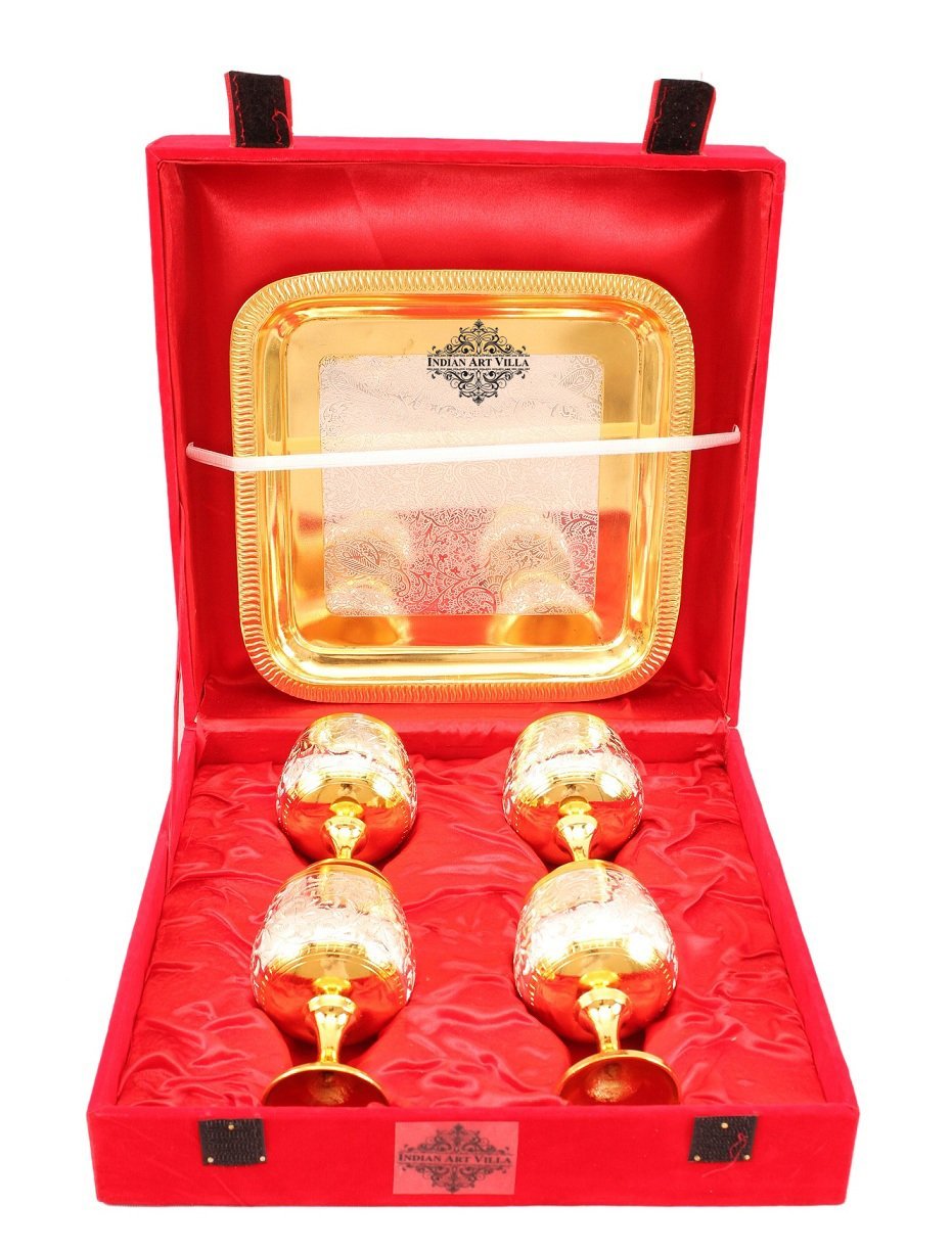 Silver Plated Gold Polish 4 Wine Glass & 1 Square Tray