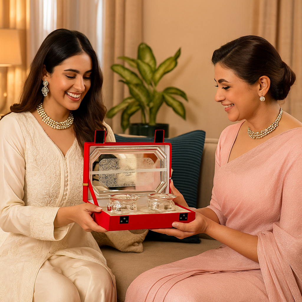 Handcrafted Silver Plated Flower Design Bowl 200ml with 2 Spoon, 1 Tray