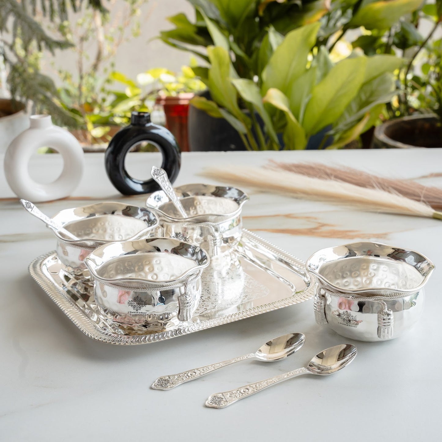 Silver Plated Hammer Bowl with 4 Spoon & Embossed Design 1 Tray