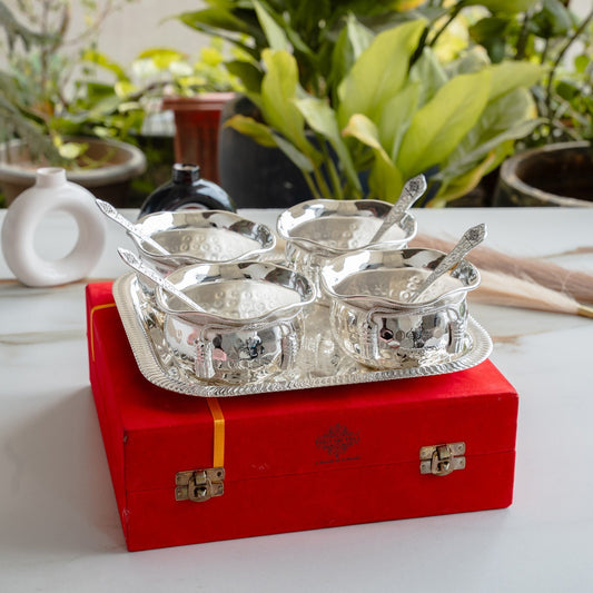 Silver Plated Hammer Bowl with 4 Spoon & Embossed Design 1 Tray