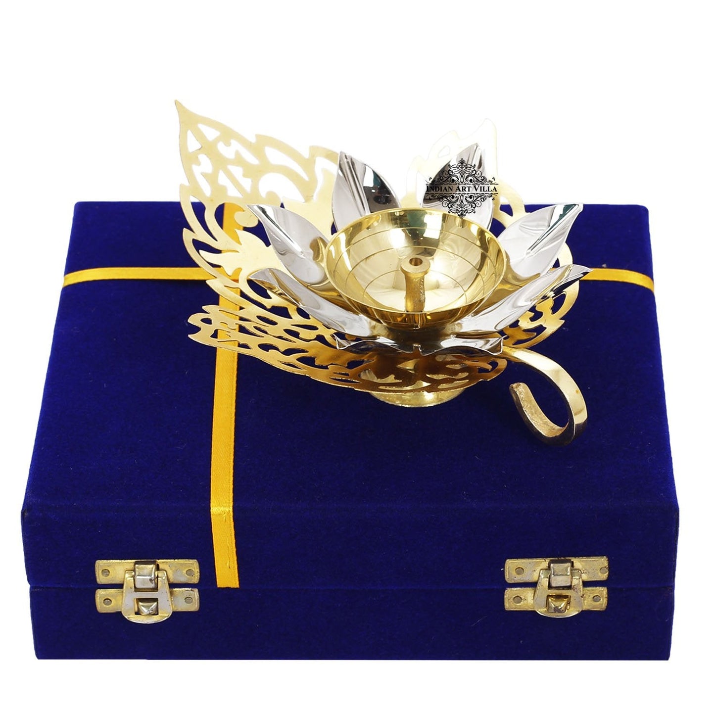 Silver & Gold Plated Curved Leaf Design Akhand Diya With Blue Box