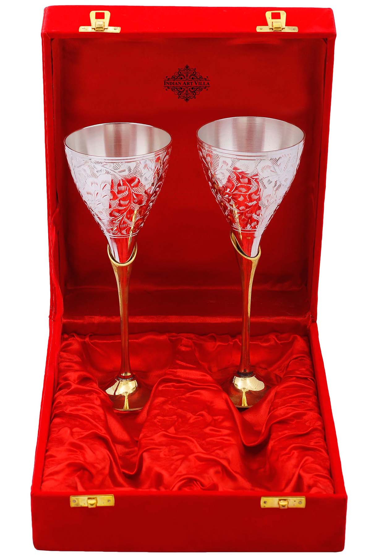 Pure Set of 2 Silver Plated & Brass Champagne Engraved Wine Glass With Red Box
