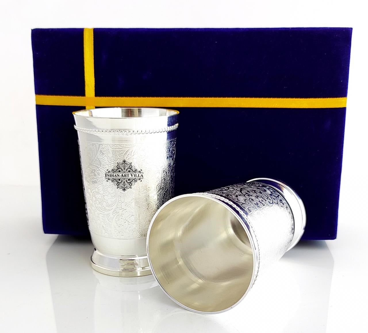 Embossed Designer Silver Plated Set of 2 Designer Glass With Blue Box