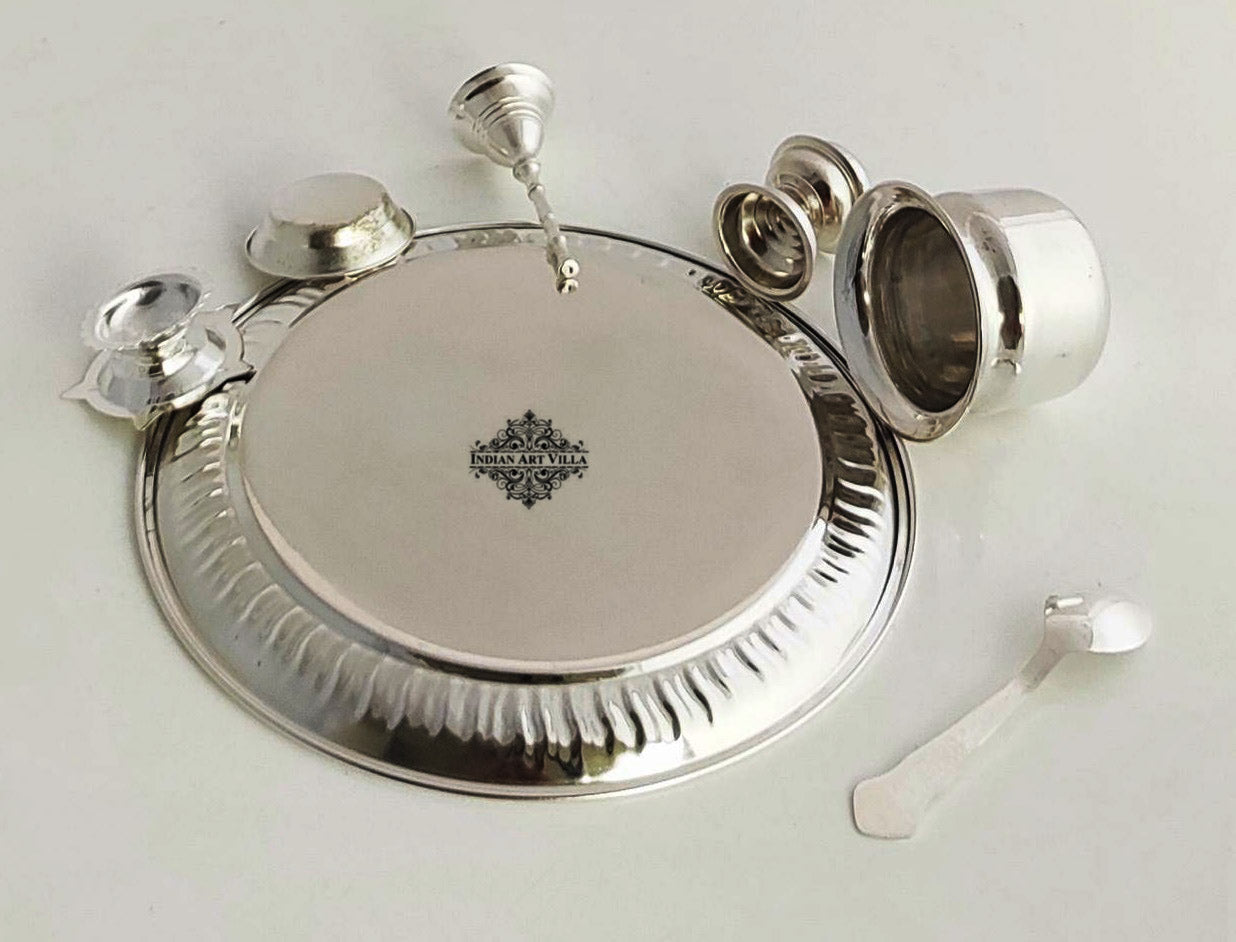 Handmade Decorative Silver Plated Laxmi & Ganesh Pooja Thali Set Set of 7 Pieces - Temple Workship Festivals Occasion Home Decore Gift item