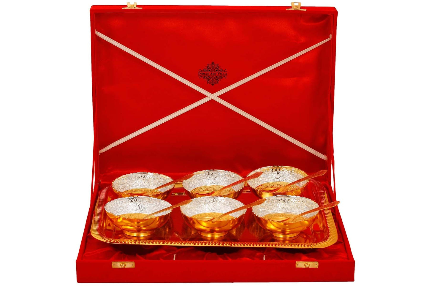 Silver Plated Gold Polished Lotus Design 6 Bowl with 6 Spoon & 1 Tray