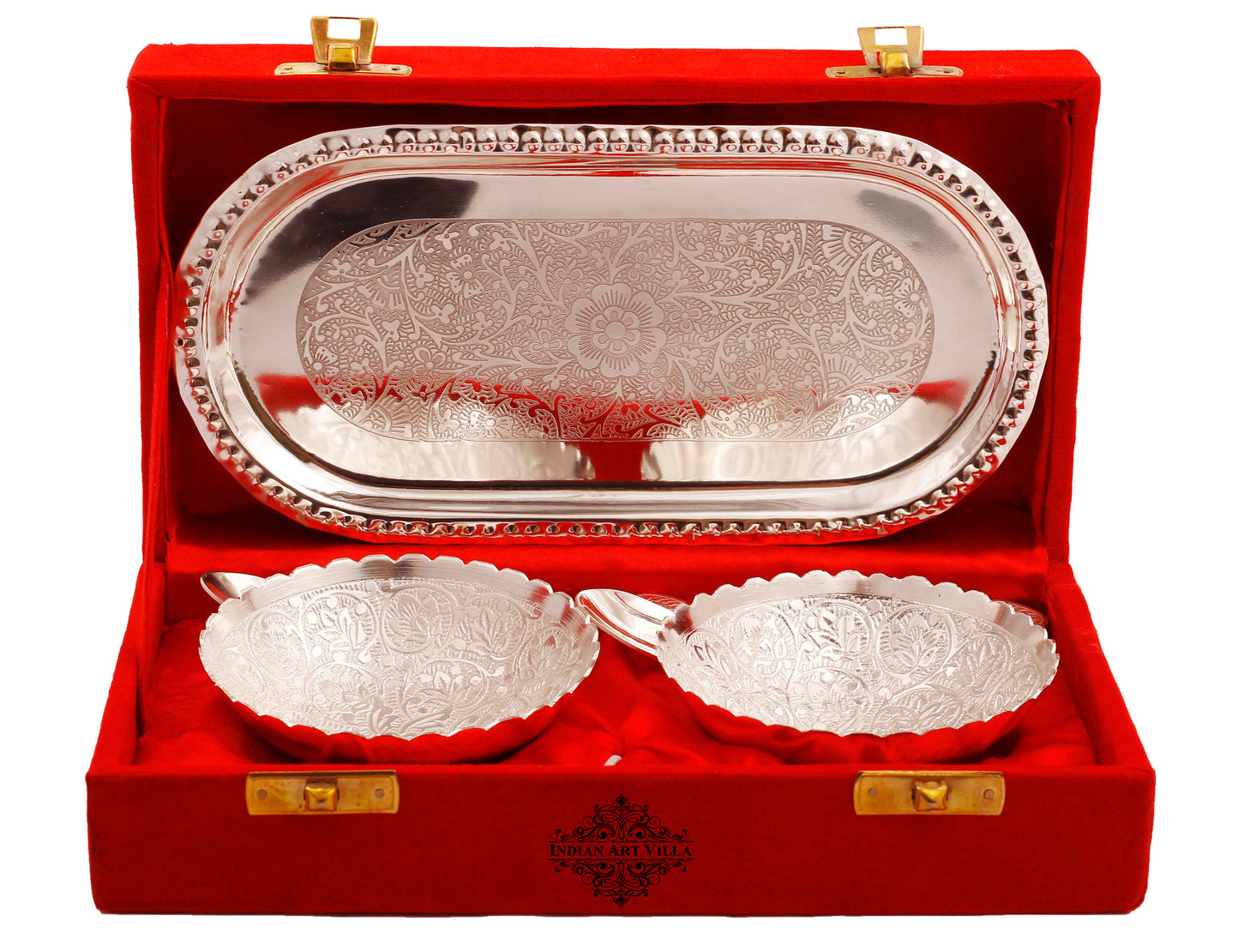 Pure Silver Plated Design Gift Set 2 Bowl with 2 Spoon & 1 Tray,
