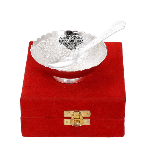 Pure Silver Plated Flower Design Bowl And Spoon With Gift Box Festive Gifts