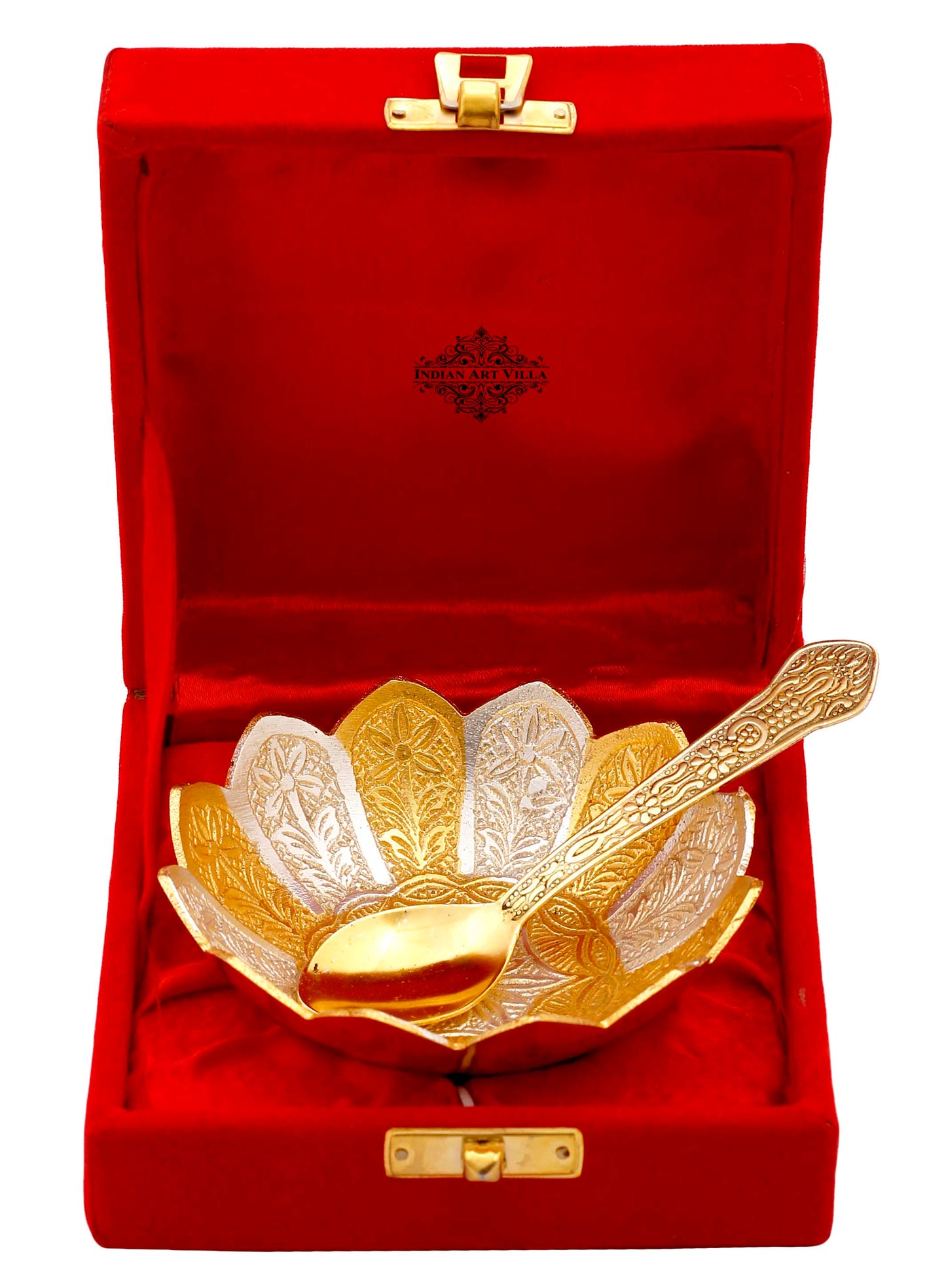 Pure Silver Plated & Gold Polished Lotus Design Bowl With Spoon, Diwali Festive Gifts Item, Set of 2