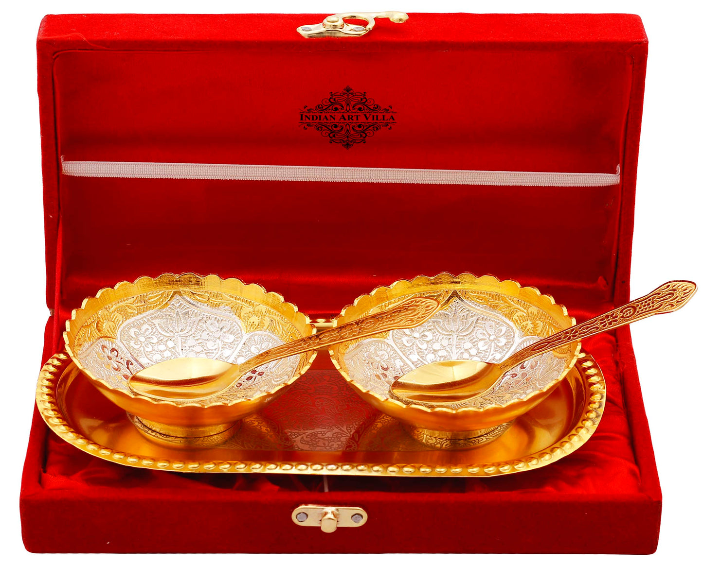 Silver Plated Gold Polished Embossed Flower Design Set of 2 Bowl with 2 Spoon & 1 Tray, Diwali Festive Gifts Item