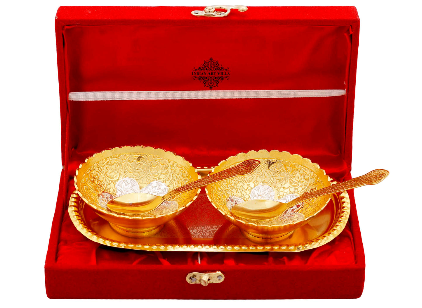Pure Silver Plated Gold Polished Embossed Flower Design Set of 2 Bowl with 2 Spoon & 1 Tray, Diwali Festive Gifts Item