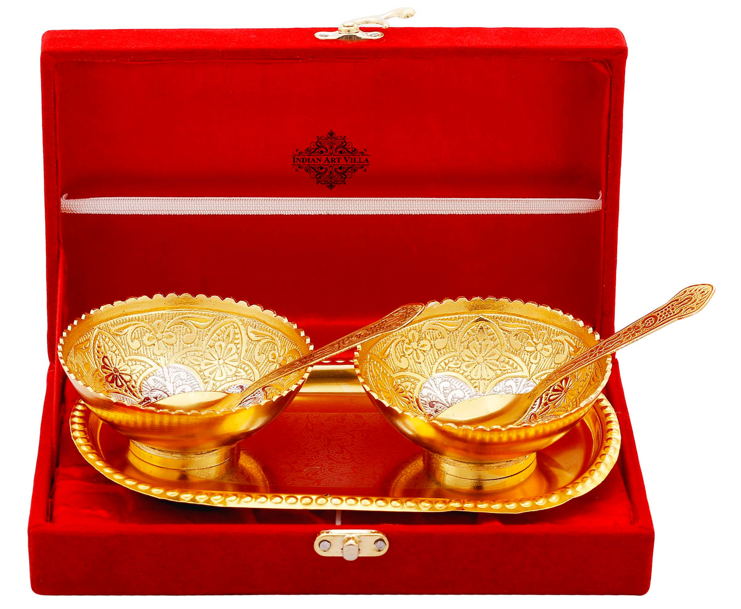Silver Plated Gold Polished Embossed Flower Design Set of 2 Bowl with 2 Spoon and 1 Tray