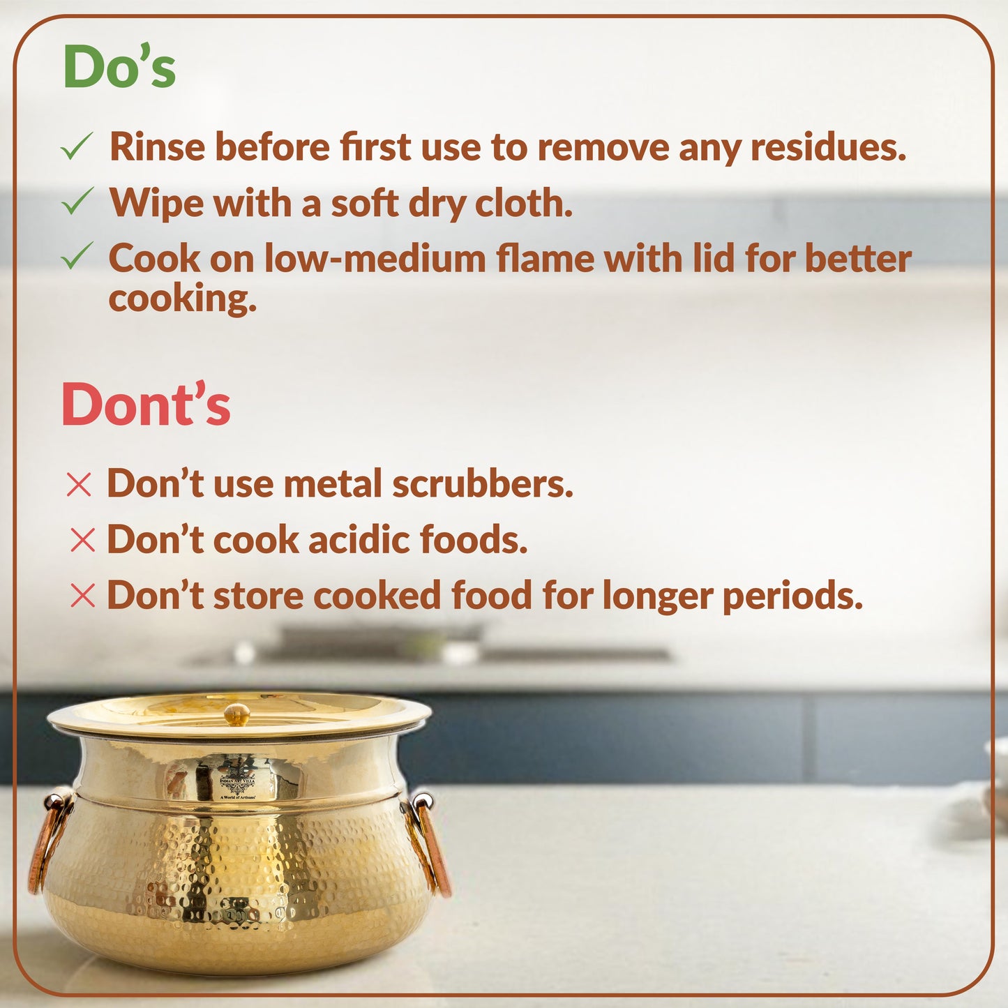 Brass Hammered Lagan Handi With Handle With Tin Lining & Lid Cover