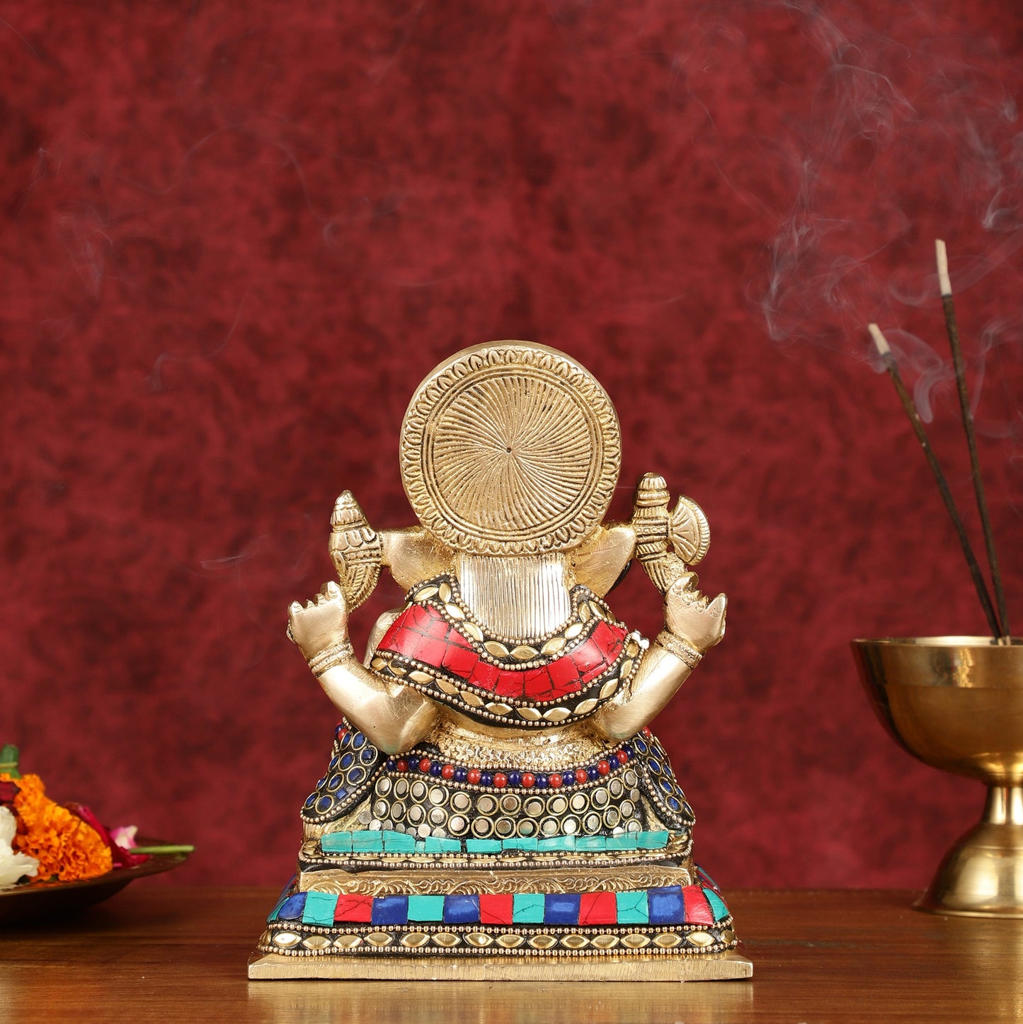 Elegant Pure Brass Ganesha Idol with Stonework 7.5"
