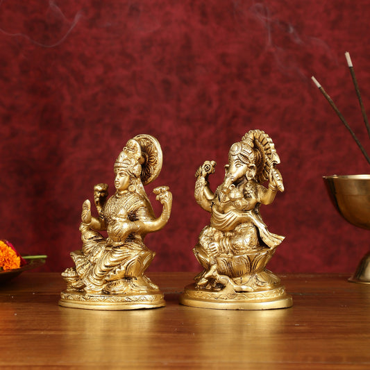Ganesha Lakshmi Brass Idol Set - 5" antique tone