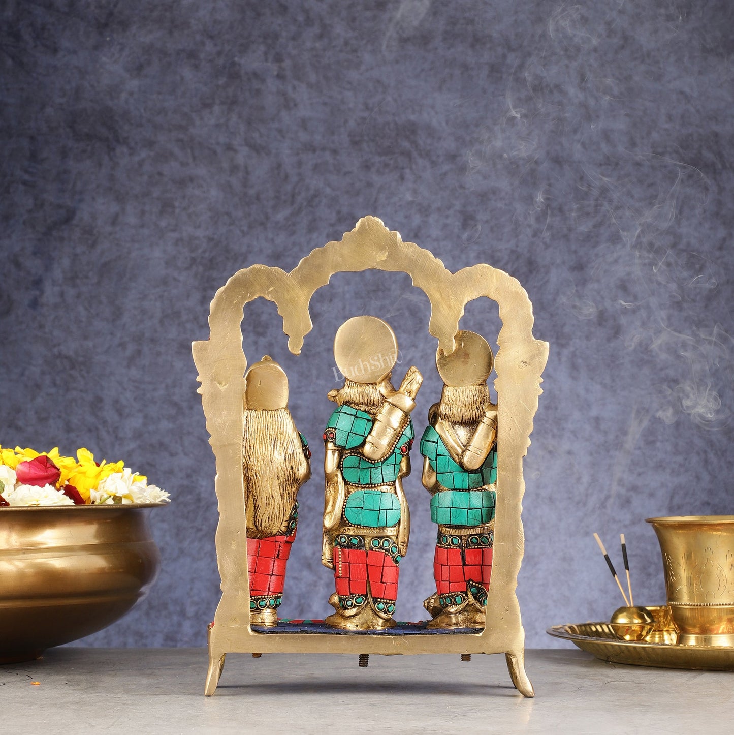 Exquisite Brass Ram Darbar with Inlay Stonework - 11 Inch